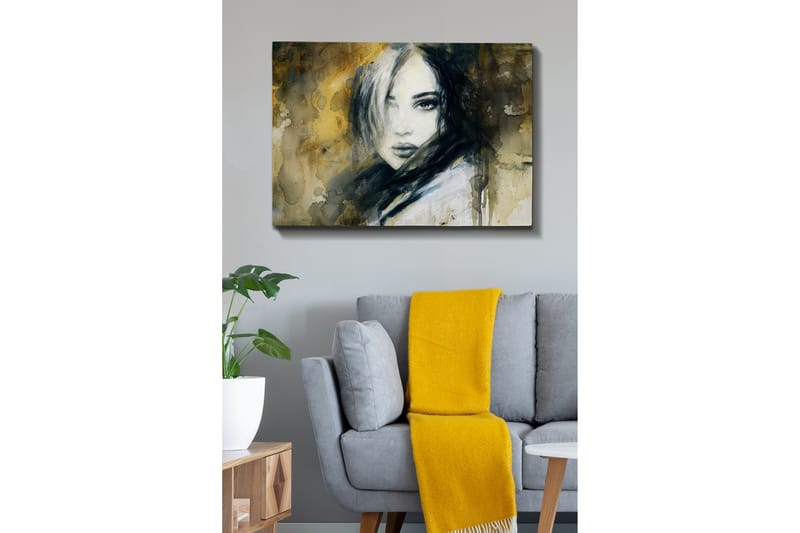 Lerretsbilde 70x100 cm - Portrett av en kvinne med et mystisk og intenst blikk - Mørk blå / Beige / Hvit - Innredning - Bilder & kunst - Lerretsbilder