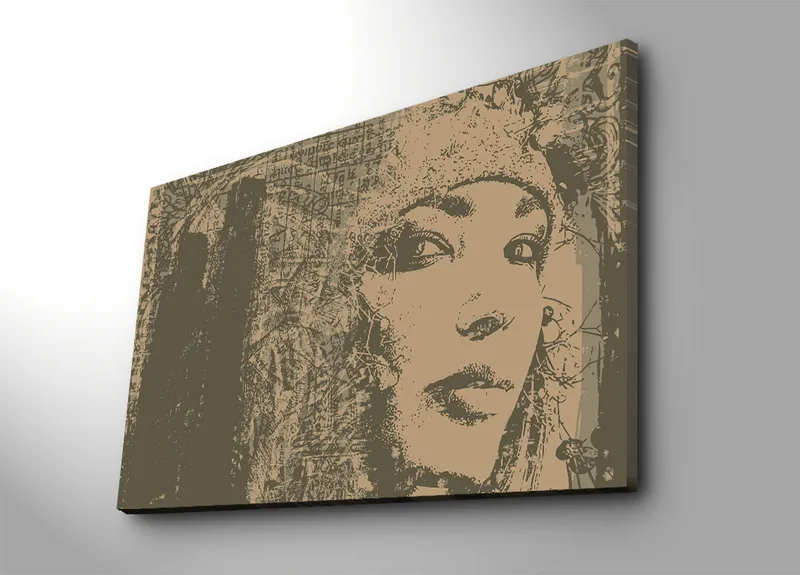 Lerretsbilde 70x100 cm - Portrett av en kvinne med et mystisk og uttrykksfullt blikk, Beige / Brun