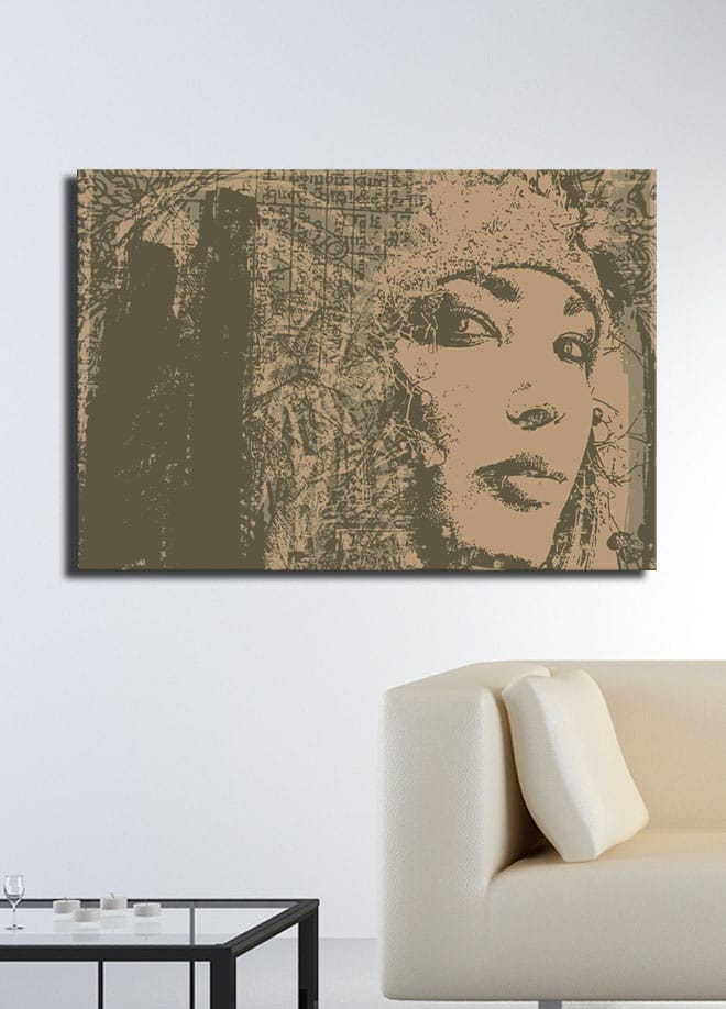 Lerretsbilde 70x100 cm - Portrett av en kvinne med et mystisk og uttrykksfullt blikk - Beige / Brun - Innredning - Bilder & kunst - Lerretsbilder