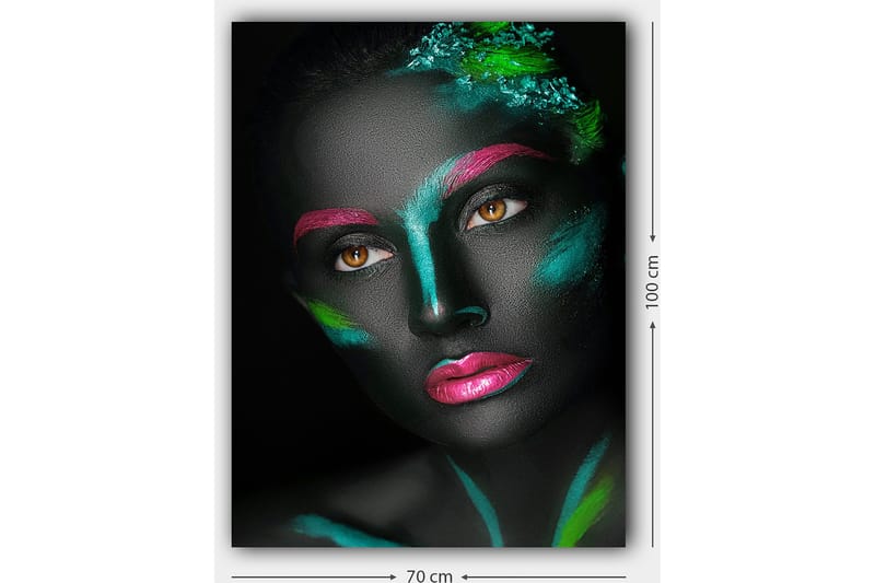 Lerretsbilde 70x100 cm - Portrett av en kvinne med fargerik ansiktsmaling på svart bakgrunn - Svart / Rosa / Grønn - Innredning - Bilder & kunst - Lerretsbilder