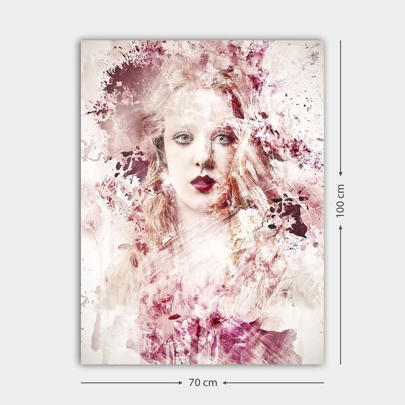 Lerretsbilde 70x100 cm - Portrett av en kvinne med dramatiske fargetoner og abstrakte elementer - Dyp rød / Lys rosa / Hvit - Innredning - Bilder & kunst - Lerretsbilder
