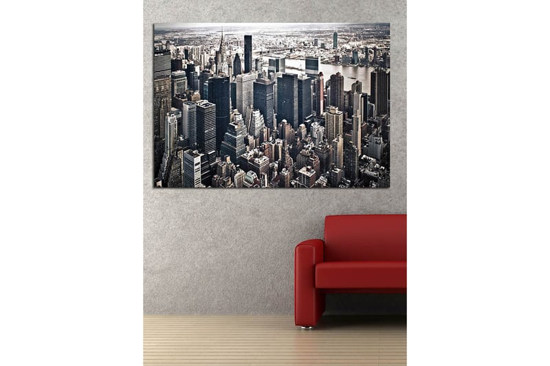 Lerretsbilde 70x100 cm - Panoramautsikt over en by med høye skyskrapere og et livlig bybilde - Svart / Grå / Hvit - Innredning - Bilder & kunst - Lerretsbilder