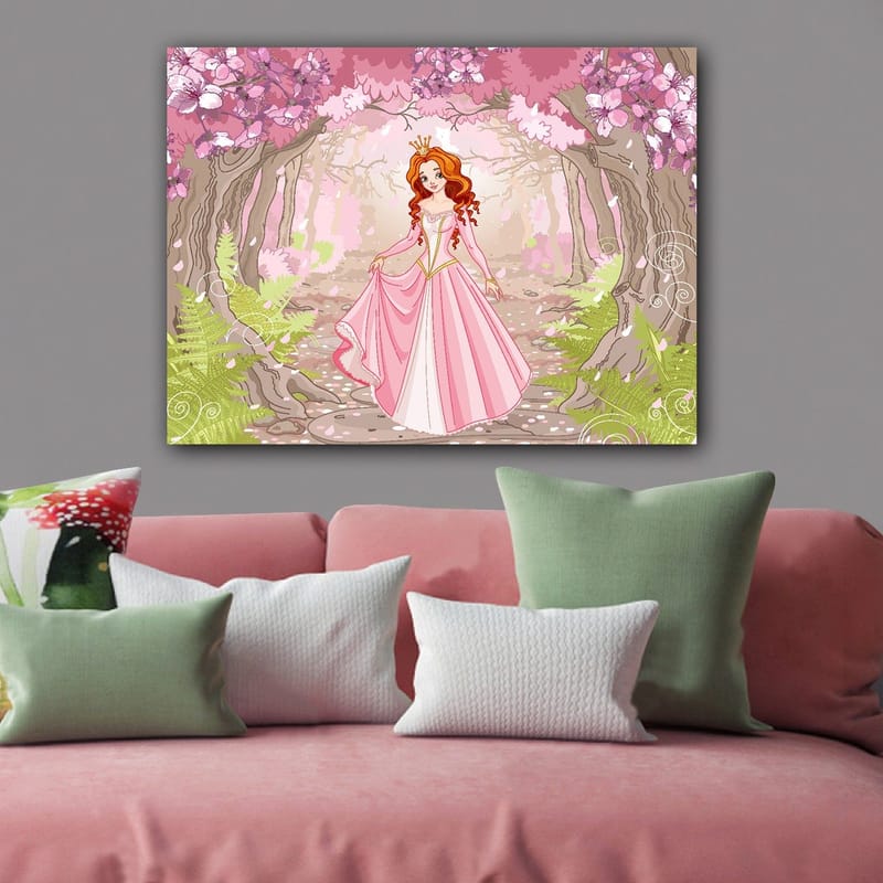 Lerretsbilde 70x100 cm - Prinsesse i rosa kjole som går gjennom en blomstrende skog - Rosa / Grønn / Brun - Innredning - Bilder & kunst - Lerretsbilder