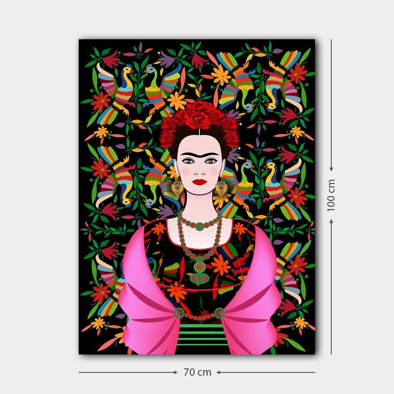 Lerretsbilde 70x100 cm - Portrett av en kvinne med tradisjonelle meksikanske elementer og fargerik bakgrunn - Rød / Grønn / Svart - Innredning - Bilder & kunst - Lerretsbilder