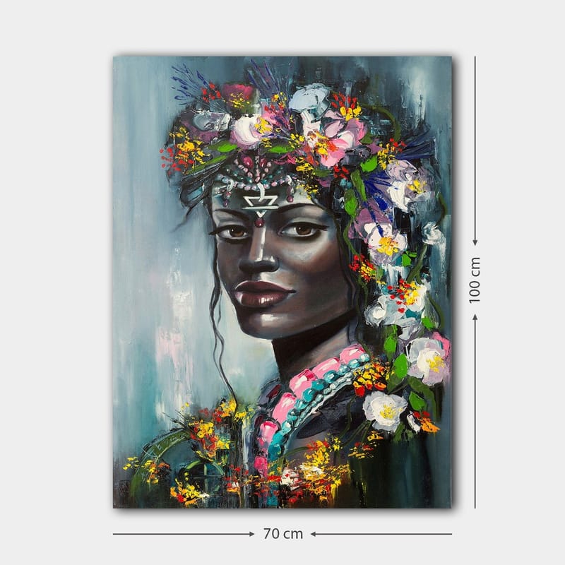 Lerretsbilde 70x100 cm - Portrett av en kvinne med blomster i håret og et mystisk uttrykk - Svart / Rosa / Grønn - Innredning - Bilder & kunst - Lerretsbilder