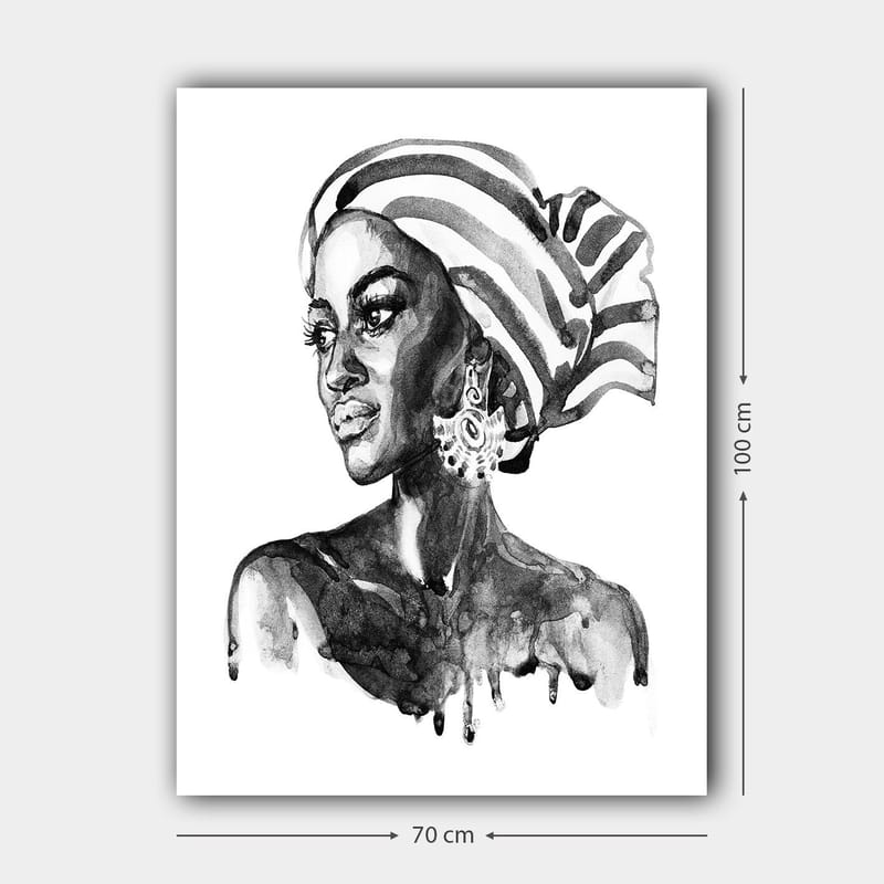 Lerretsbilde 70x100 cm - Portrett av en kvinne med mønstret hodeskjerf og elegante smykker - Svart / Hvit - Innredning - Bilder & kunst - Lerretsbilder