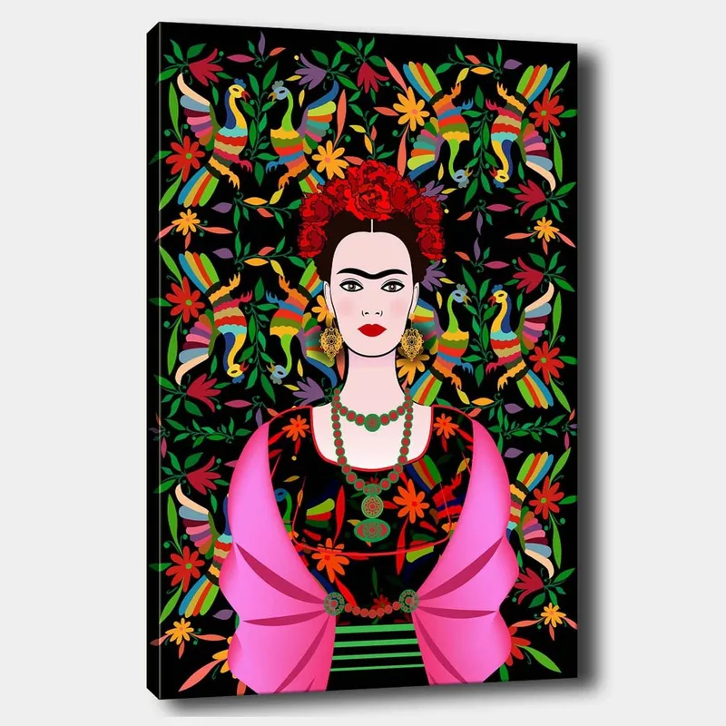 Lerretsbilde 70x100 cm - Portrett av en kvinne med tradisjonelle meksikanske elementer og fargerik bakgrunn, Rød / Grønn / Svart