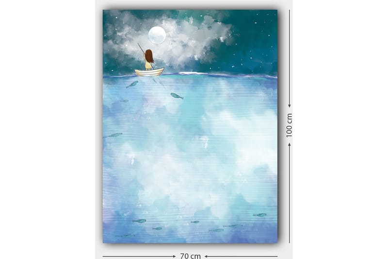 Lerretsbilde 70x100 cm - Person sittende i en båt under en stjerneklar natt med en stor måne over seg - Mørk blå / Lys blå / Hvit - Innredning - Bilder & kunst - Lerretsbilder