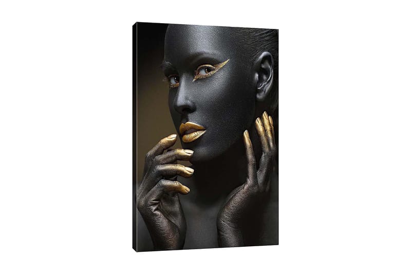 Lerretsbilde 70x100 cm - Portrett av en kvinne med svart ansiktsmaling og gylne detaljer, Svart / Gull