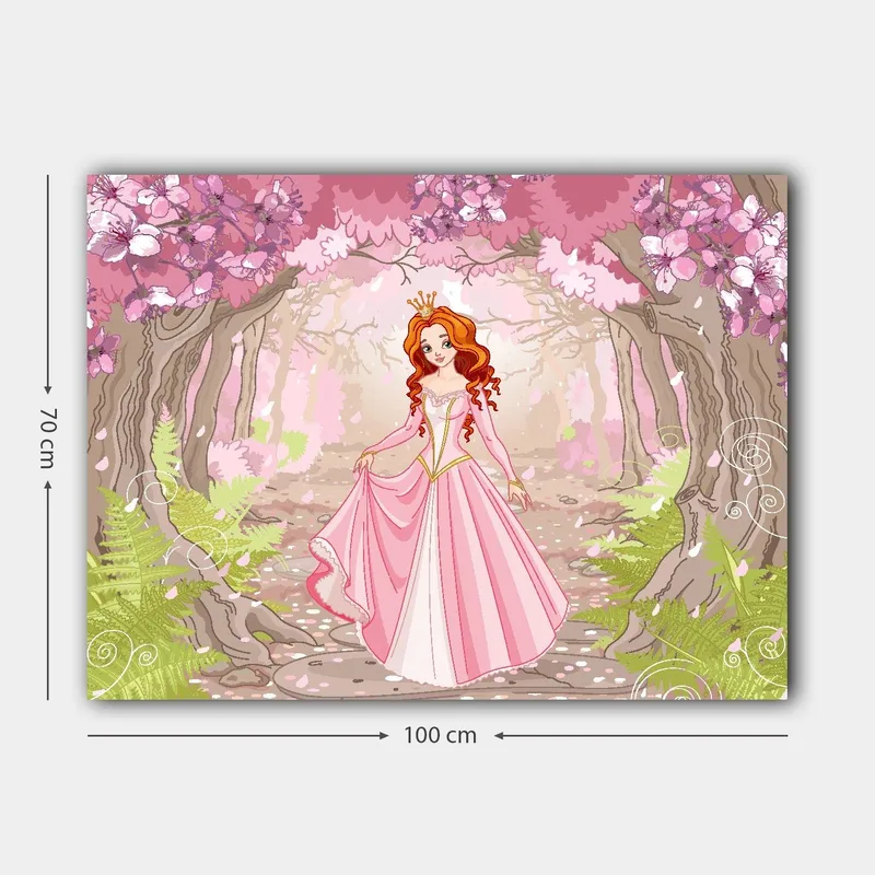 Lerretsbilde 70x100 cm - Prinsesse i rosa kjole som går gjennom en blomstrende skog - Rosa / Grønn / Brun - Innredning - Bilder & kunst - Lerretsbilder
