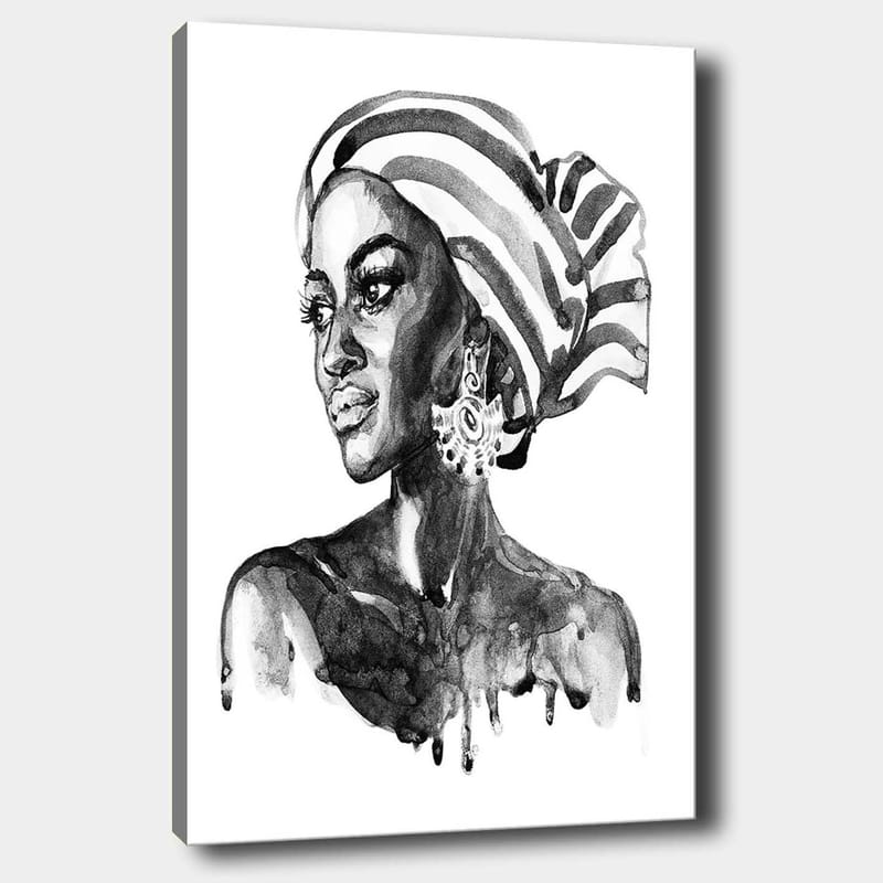 Lerretsbilde 70x100 cm - Portrett av en kvinne med mønstret hodeskjerf og elegante smykker, Svart / Hvit