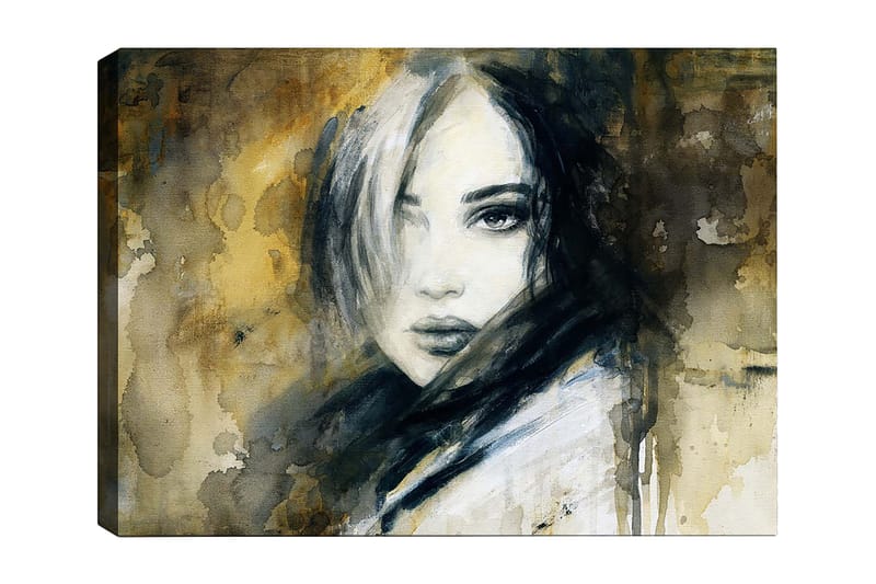Lerretsbilde 70x100 cm - Portrett av en kvinne med et mystisk og intenst blikk, Mørk blå / Beige / Hvit