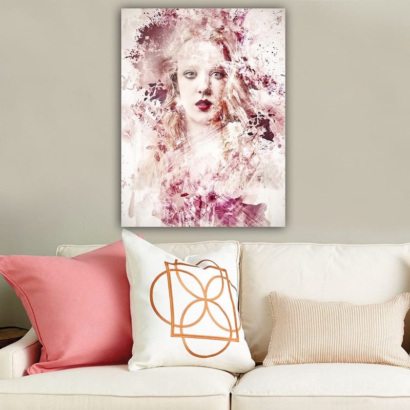Lerretsbilde 70x100 cm - Portrett av en kvinne med dramatiske fargetoner og abstrakte elementer - Dyp rød / Lys rosa / Hvit - Innredning - Bilder & kunst - Lerretsbilder