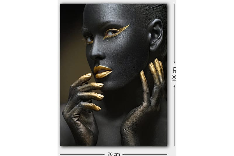 Lerretsbilde 70x100 cm - Portrett av en kvinne med svart ansiktsmaling og gylne detaljer - Svart / Gull - Innredning - Bilder & kunst - Lerretsbilder