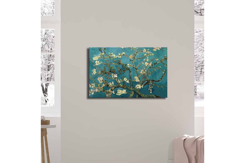 Lerretsbilde 70x45 cm - Blomstrende kvister mot turkis bakgrunn - Turkis / Hvit / Mørkegrønn - Innredning - Bilder & kunst - Lerretsbilder