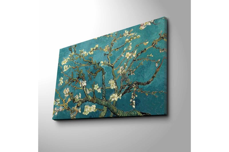 Lerretsbilde 70x45 cm - Blomstrende kvister mot turkis bakgrunn - Turkis / Hvit / Mørkegrønn - Innredning - Bilder & kunst - Lerretsbilder