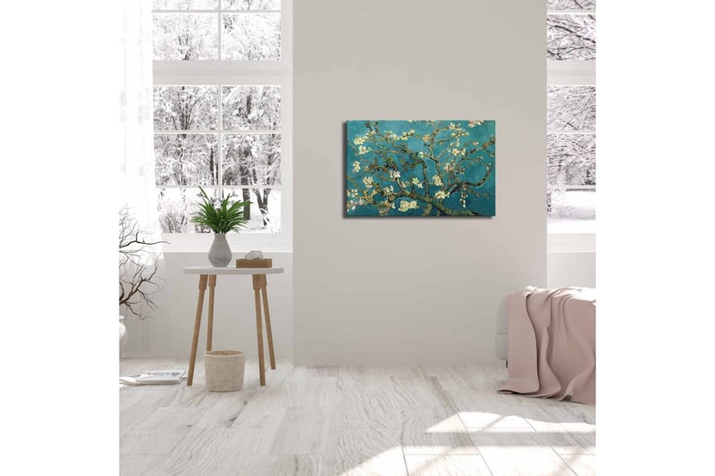 Lerretsbilde 70x45 cm - Blomstrende kvister mot turkis bakgrunn - Turkis / Hvit / Mørkegrønn - Innredning - Bilder & kunst - Lerretsbilder