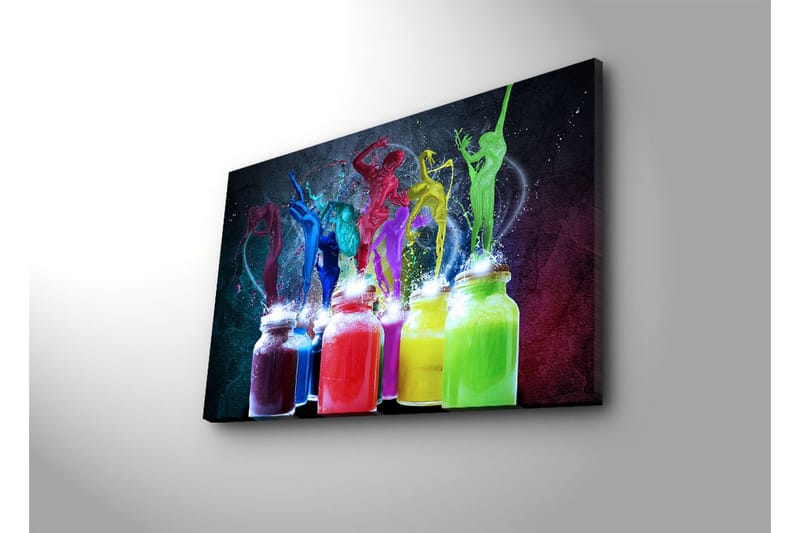 Lerretsbilde 70x45 cm - Dynamisk eksplosjon av farger og bevegelse med dansende figurer - Rød / Grønn / Blå - Innredning - Bilder & kunst - Lerretsbilder