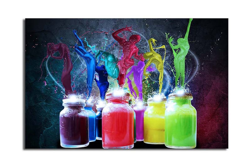 Lerretsbilde 70x45 cm - Dynamisk eksplosjon av farger og bevegelse med dansende figurer - Rød / Grønn / Blå - Innredning - Bilder & kunst - Lerretsbilder