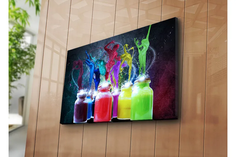 Lerretsbilde 70x45 cm - Dynamisk eksplosjon av farger og bevegelse med dansende figurer - Rød / Grønn / Blå - Innredning - Bilder & kunst - Lerretsbilder