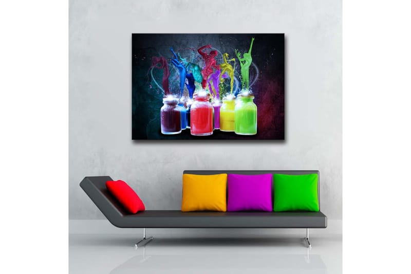 Lerretsbilde 70x45 cm - Dynamisk eksplosjon av farger og bevegelse med dansende figurer - Rød / Grønn / Blå - Innredning - Bilder & kunst - Lerretsbilder