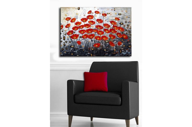 Lerretsbilde 70x45 cm - Fargerik bukett med valmuer i rød fargetone - Rød / Svart / Grå - Innredning - Bilder & kunst - Lerretsbilder