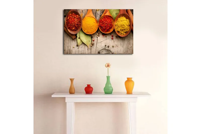 Lerretsbilde 70x45 cm - Fargerike krydder i treskjeer - Rød / Gul / Oransje - Innredning - Bilder & kunst - Lerretsbilder