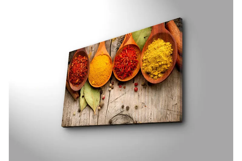 Lerretsbilde 70x45 cm - Fargerike krydder i treskjeer - Rød / Gul / Oransje - Innredning - Bilder & kunst - Lerretsbilder