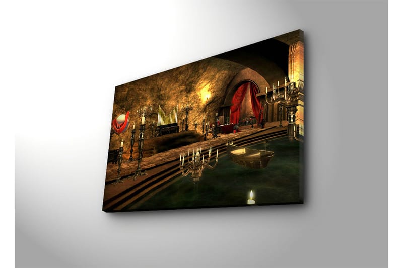 Lerretsbilde 70x45 cm - Mørkt og mystisk interiør med et elegant piano og lysekroner - Mørk rød / Gull / Grønn - Innredning - Bilder & kunst - Lerretsbilder