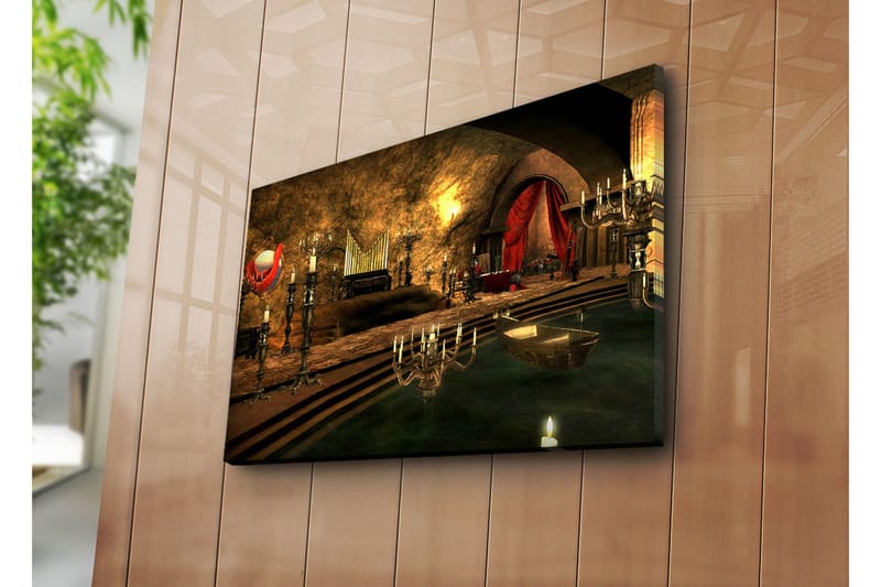 Lerretsbilde 70x45 cm - Mørkt og mystisk interiør med et elegant piano og lysekroner - Mørk rød / Gull / Grønn - Innredning - Bilder & kunst - Lerretsbilder