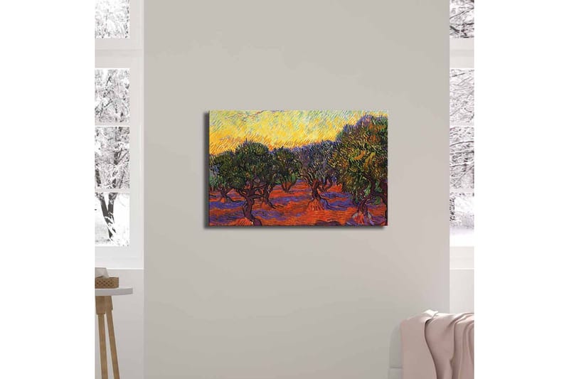 Lerretsbilde 70x45 cm - Olivenlund under en fargerik himmel - Grønn / Oransje / Lilla - Innredning - Bilder & kunst - Lerretsbilder