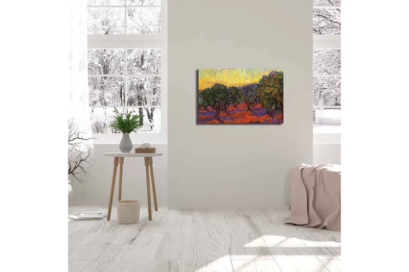 Lerretsbilde 70x45 cm - Olivenlund under en fargerik himmel - Grønn / Oransje / Lilla - Innredning - Bilder & kunst - Lerretsbilder