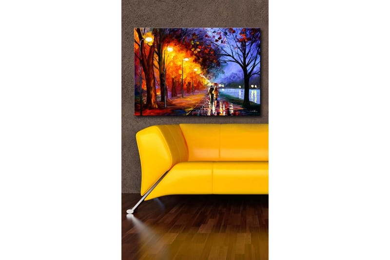Lerretsbilde 70x45 cm - Romantisk spasertur i regnet med paraplyer i et fargerikt høstmiljø - Oransje / Blå / Gul - Innredning - Bilder & kunst - Lerretsbilder