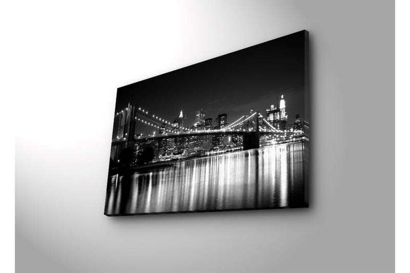 Lerretsbilde 70x45 cm - Svart-hvitt-bilde av Brooklyn Bridge med byens skyline i bakgrunnen - Svart / Hvit / Grå - Innredning - Bilder & kunst - Lerretsbilder