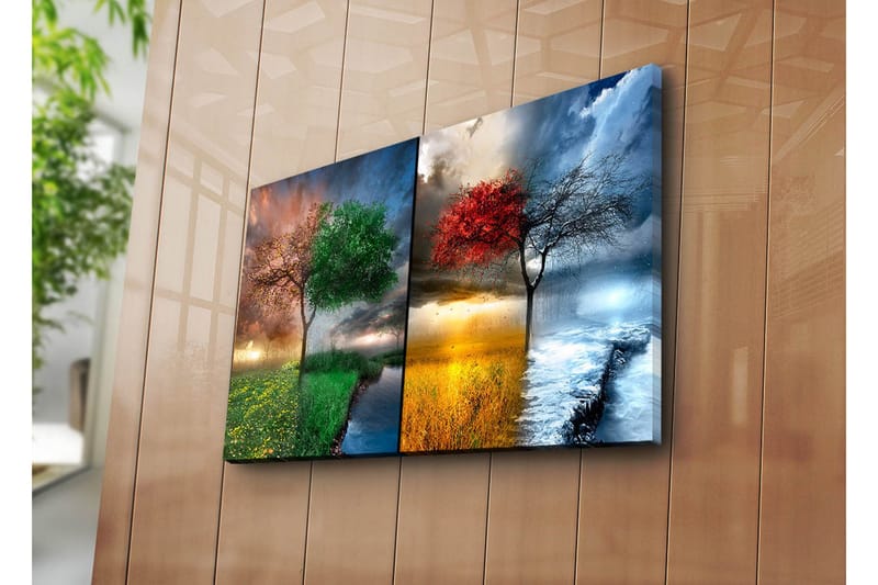 Lerretsbilde 70x45 cm - To trær i kontrasterende årstider, ett med grønne blader og ett med røde blader - Grønn / Rød / Blå - Innredning - Bilder & kunst - Lerretsbilder