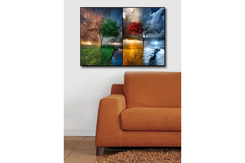 Lerretsbilde 70x45 cm - To trær i kontrasterende årstider, ett med grønne blader og ett med røde blader - Grønn / Rød / Blå - Innredning - Bilder & kunst - Lerretsbilder