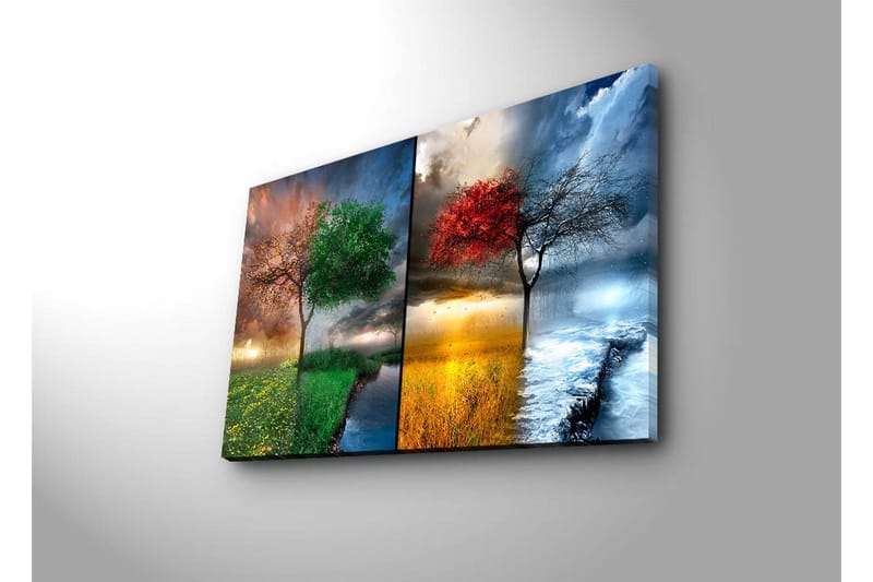 Lerretsbilde 70x45 cm - To trær i kontrasterende årstider, ett med grønne blader og ett med røde blader - Grønn / Rød / Blå - Innredning - Bilder & kunst - Lerretsbilder
