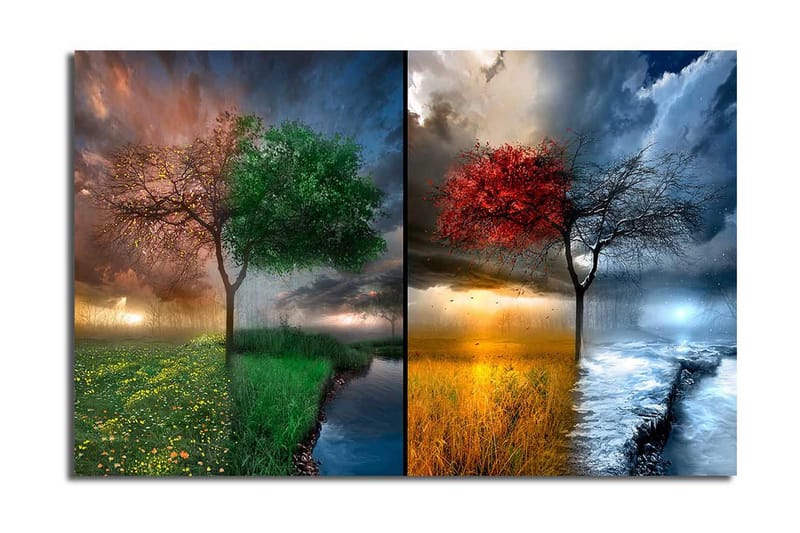 Lerretsbilde 70x45 cm - To trær i kontrasterende årstider, ett med grønne blader og ett med røde blader - Grønn / Rød / Blå - Innredning - Bilder & kunst - Lerretsbilder