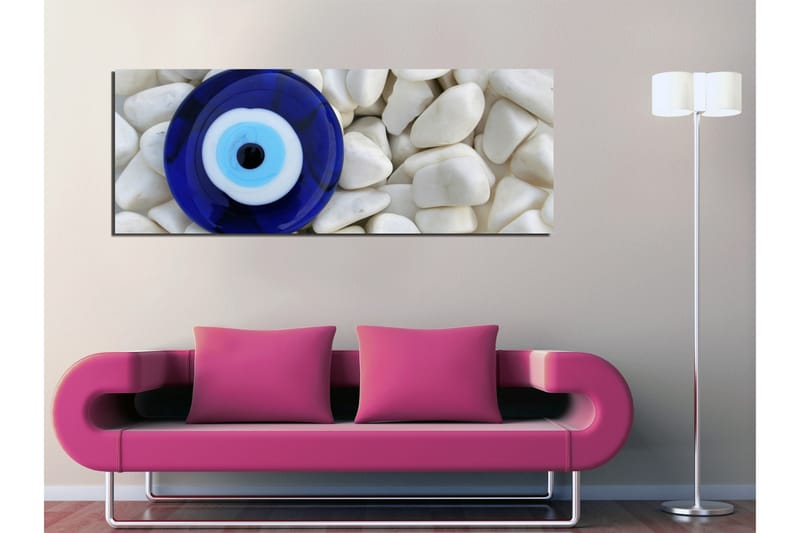 Lerretsbilde 80x30 cm - Øye i blått og hvitt mot en bakgrunn av hvite steiner - Blå / Hvit / Svart - Innredning - Bilder & kunst - Lerretsbilder