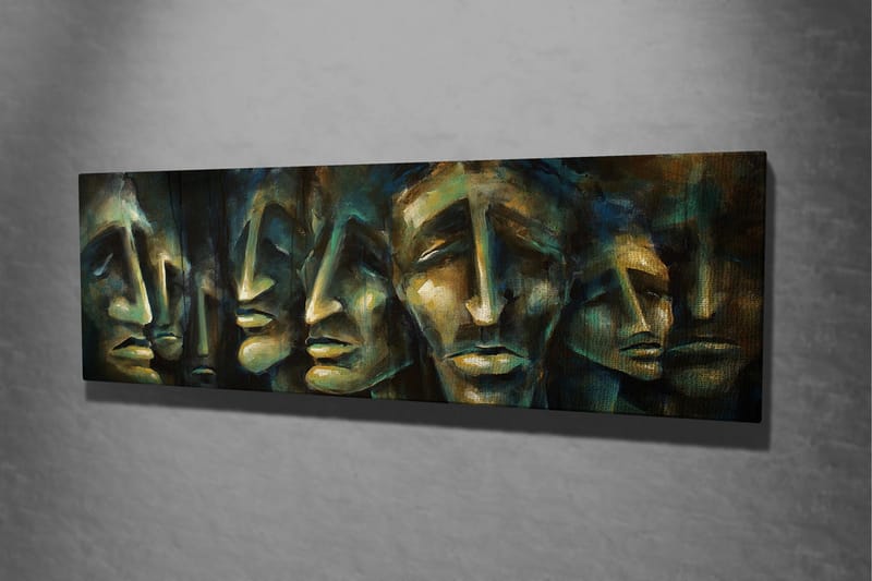 Lerretsbilde 80x30 cm - Abstrakt komposisjon av ansikter med uttrykksfulle trekk - Mørk blå / Grønn / Beige - Innredning - Bilder & kunst - Lerretsbilder