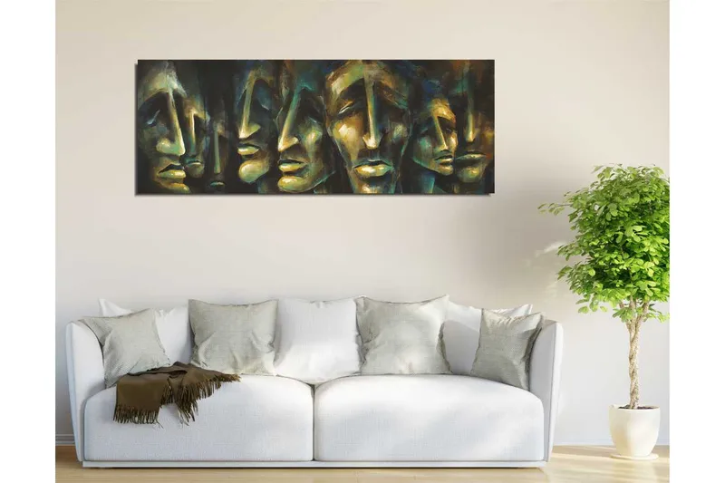 Lerretsbilde 80x30 cm - Abstrakt komposisjon av ansikter med uttrykksfulle trekk - Mørk blå / Grønn / Beige - Innredning - Bilder & kunst - Lerretsbilder