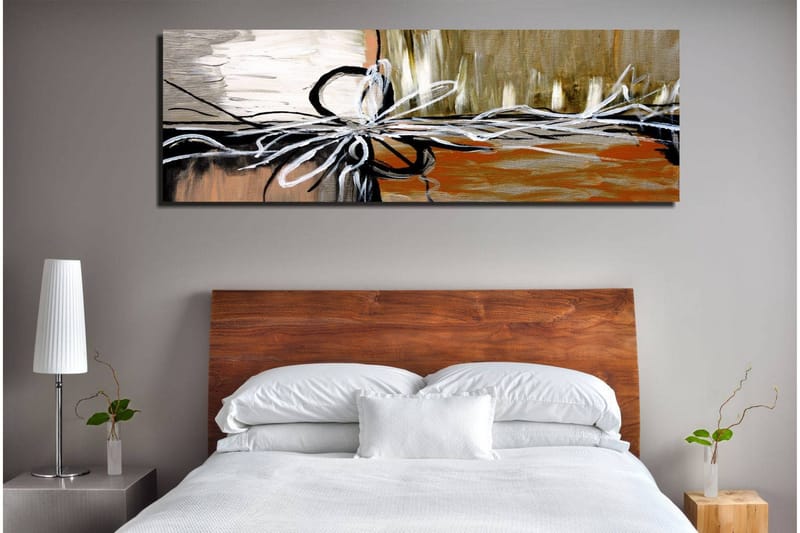 Lerretsbilde 80x30 cm - Abstrakt komposisjon med strenger og former - Beige / Svart / Hvit - Innredning - Bilder & kunst - Lerretsbilder