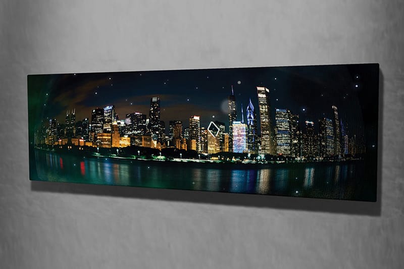 Lerretsbilde 80x30 cm - Bysilhuett med glitrende skyskrapere i nattlys - Mørk blå / Gull / Svart - Innredning - Bilder & kunst - Lerretsbilder