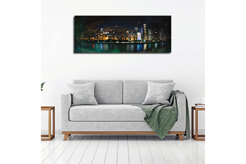 Lerretsbilde 80x30 cm - Bysilhuett med glitrende skyskrapere i nattlys - Mørk blå / Gull / Svart - Innredning - Bilder & kunst - Lerretsbilder