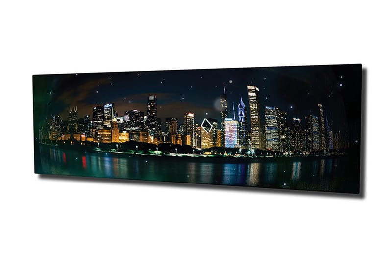 Lerretsbilde 80x30 cm - Bysilhuett med glitrende skyskrapere i nattlys - Mørk blå / Gull / Svart - Innredning - Bilder & kunst - Lerretsbilder