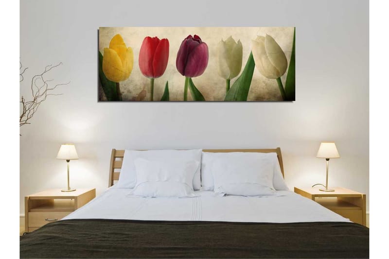 Lerretsbilde 80x30 cm - Fargerik bukett med tulipaner - Gul / Rød / Hvit - Innredning - Bilder & kunst - Lerretsbilder