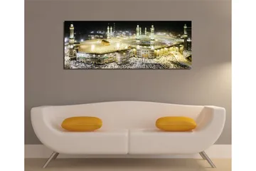 Lerretsbilde 80x30 cm - Storslått utsikt over det hellige stedet i Mekka i nattlys - Gull / Grønn / Svart - Innredning - Bilder & kunst - Lerretsbilder