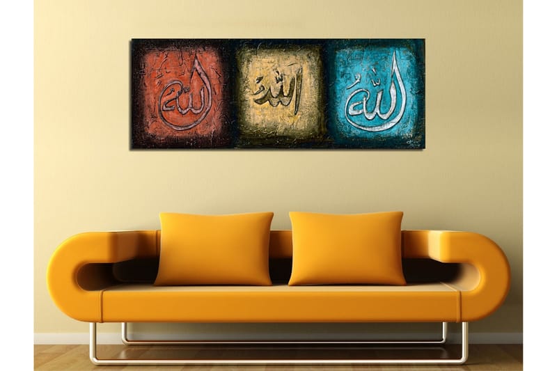 Lerretsbilde 80x30 cm - Tre paneler med kalligrafiske inskripsjoner i forskjellige farger - Rød / Gull / Turkis - Innredning - Bilder & kunst - Lerretsbilder