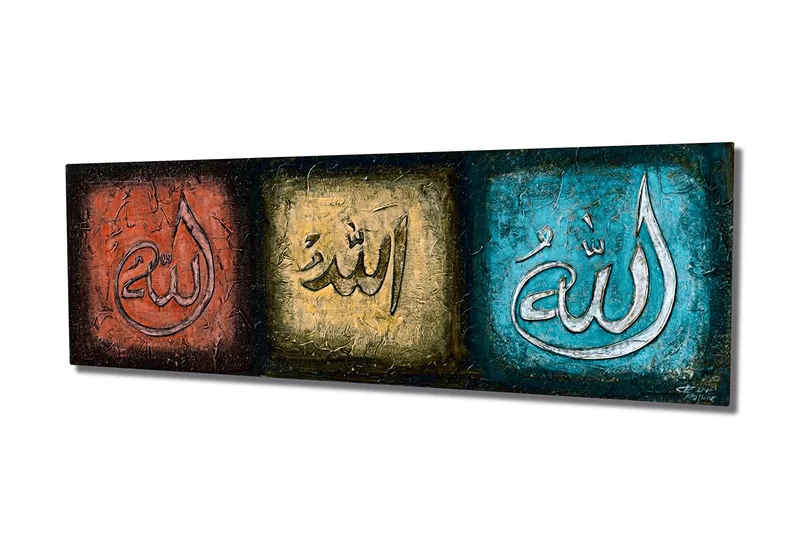 Lerretsbilde 80x30 cm - Tre paneler med kalligrafiske inskripsjoner i forskjellige farger - Rød / Gull / Turkis - Innredning - Bilder & kunst - Lerretsbilder