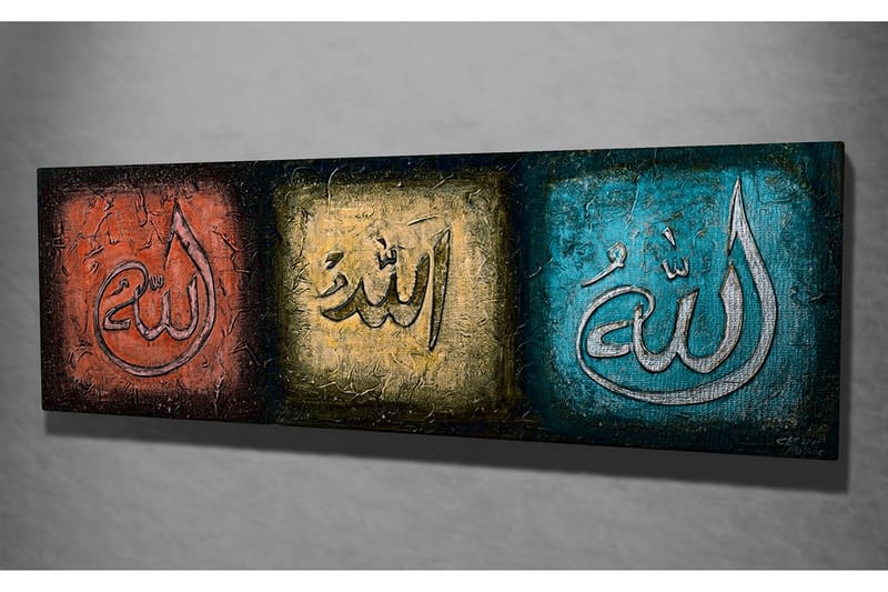 Lerretsbilde 80x30 cm - Tre paneler med kalligrafiske inskripsjoner i forskjellige farger - Rød / Gull / Turkis - Innredning - Bilder & kunst - Lerretsbilder